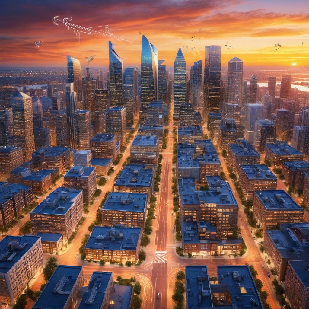 A complex city skyline filled with diverse real estate properties - modern skyscrapers, suburban houses, and commercial buildings. Overlaid with dynamic arrows symbolizing growth and opportunity, alongside an open key, representing unlocking potential. A sunset backdrop to evoke a sense of adventure and exploration in real estate. super-realistic. vibrant colors.