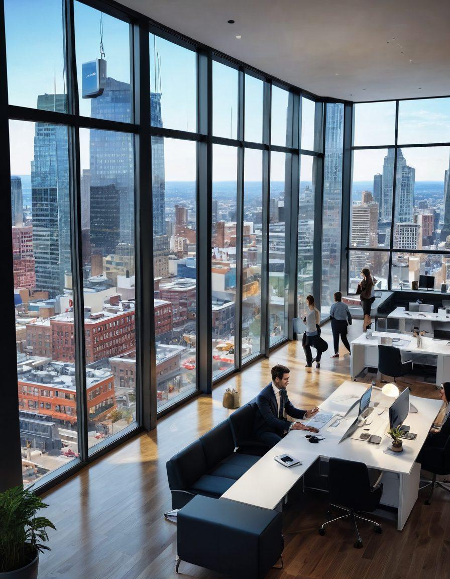 A modern, bustling real estate office scene with a diverse group of professionals collaborating over property listings, vibrant cityscape visible through large windows. Include a welcoming reception area and a digital map displaying various properties for sale. Add dynamic elements like charts or graphs showing market trends. Super-realistic. Vibrant colors. 3D.