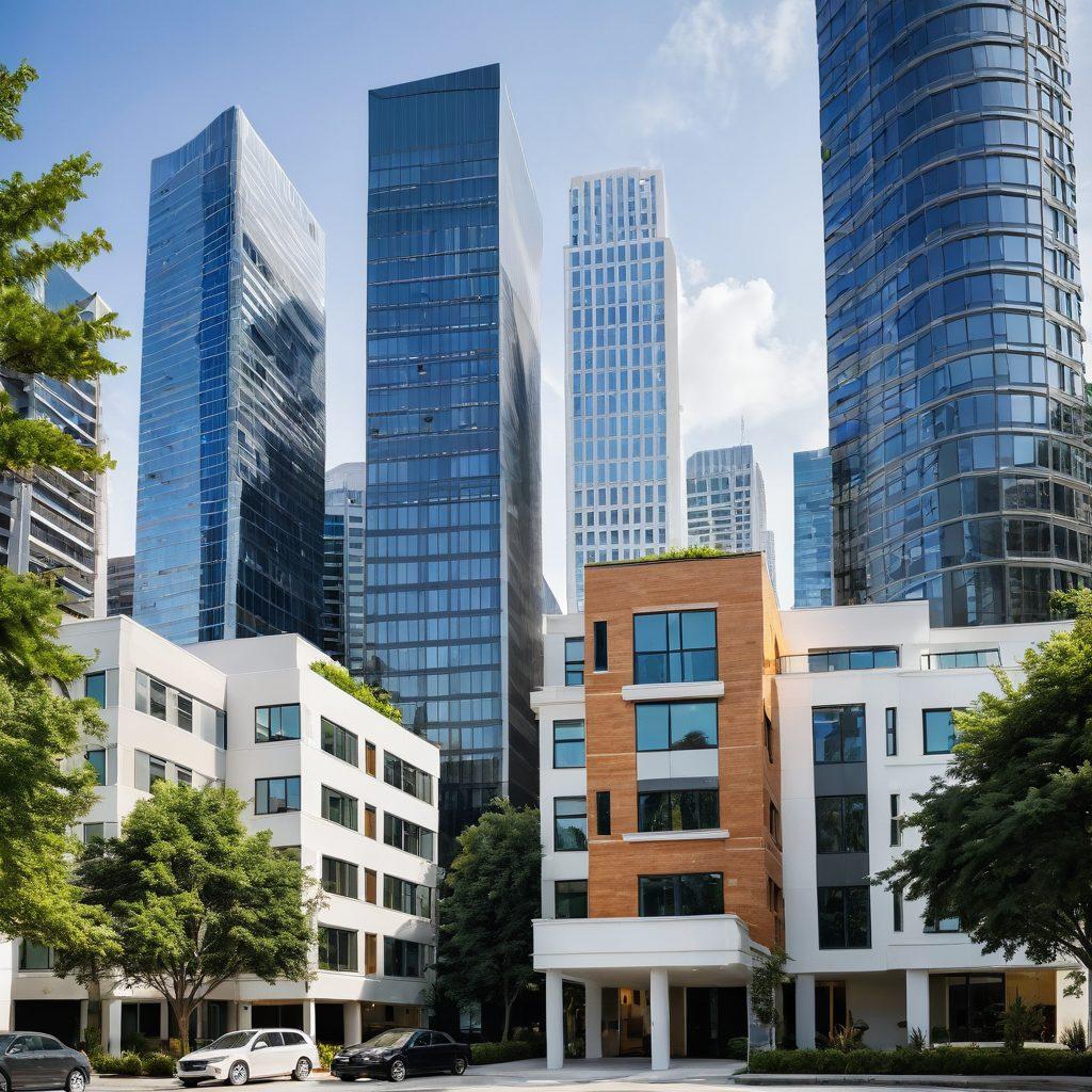 A visually striking collage of residential and commercial real estate properties, showcasing luxurious homes alongside modern office buildings. Include elements like a rising graph symbolizing growth and investment, lush greenery surrounding the properties, and diverse people discussing plans in the foreground. The overall ambiance should convey prosperity and opportunity in real estate investment. super-realistic. vibrant colors. white background.